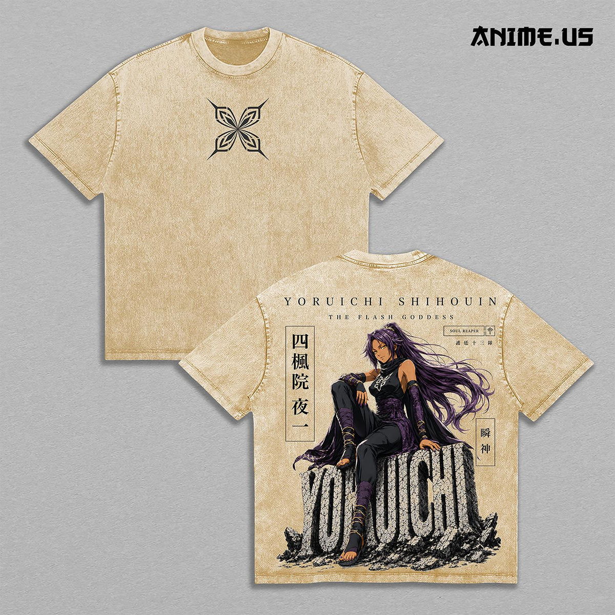 Yoruichi Shihouin Bleach Flash Goddess Shunko Thunder Form Soul Reaper Vintage Washed Heavyweight Cotton T-Shirt Double Sided Graphic Oversized Anime Streetwear Tee Gift for Bleach Fans