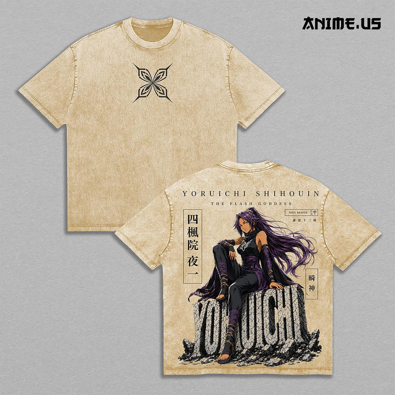 Yoruichi Shihouin Bleach Flash Goddess Shunko Thunder Form Soul Reaper Vintage Washed Heavyweight Cotton T-Shirt Double Sided Graphic Oversized Anime Streetwear Tee Gift for Bleach Fans
