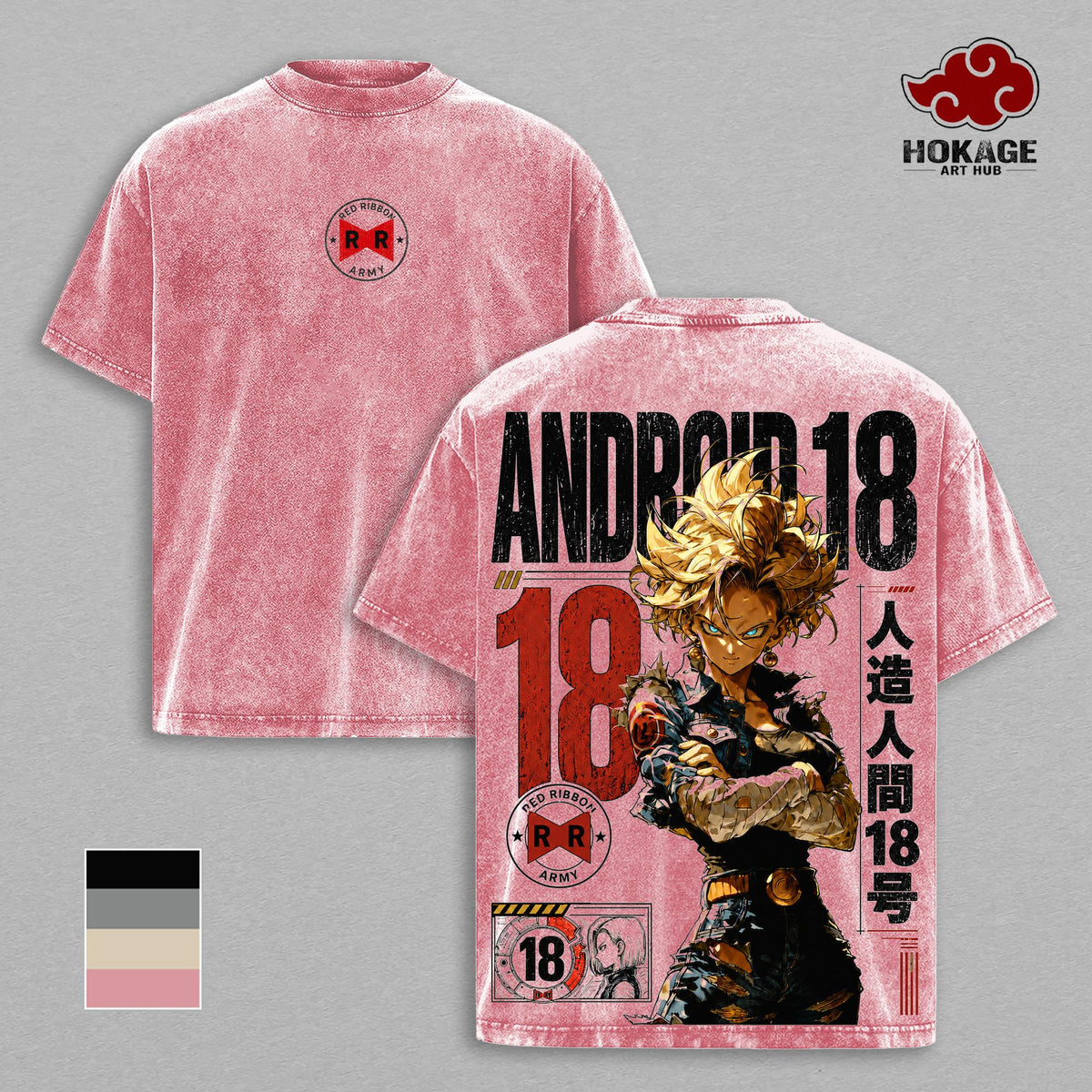 Android 18 DBZ Vintage Washed Oversized T-Shirt, Red Ribbon Army Double Printed Anime Graphic Tee, Heavyweight Cotton Manga Streetwear, Retro Gamer Shirt