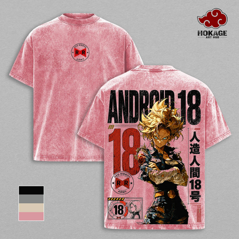 Android 18 DBZ Vintage Washed Oversized T-Shirt, Red Ribbon Army Double Printed Anime Graphic Tee, Heavyweight Cotton Manga Streetwear, Retro Gamer Shirt