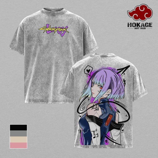 Lucy - Cyberpunk Edgerunners Netrunner Waifu Double Printed Graphic Tee, Vintage Washed Streetwear For Men, Heavy Cotton Oversized Shirt, Gift For Anime Fans