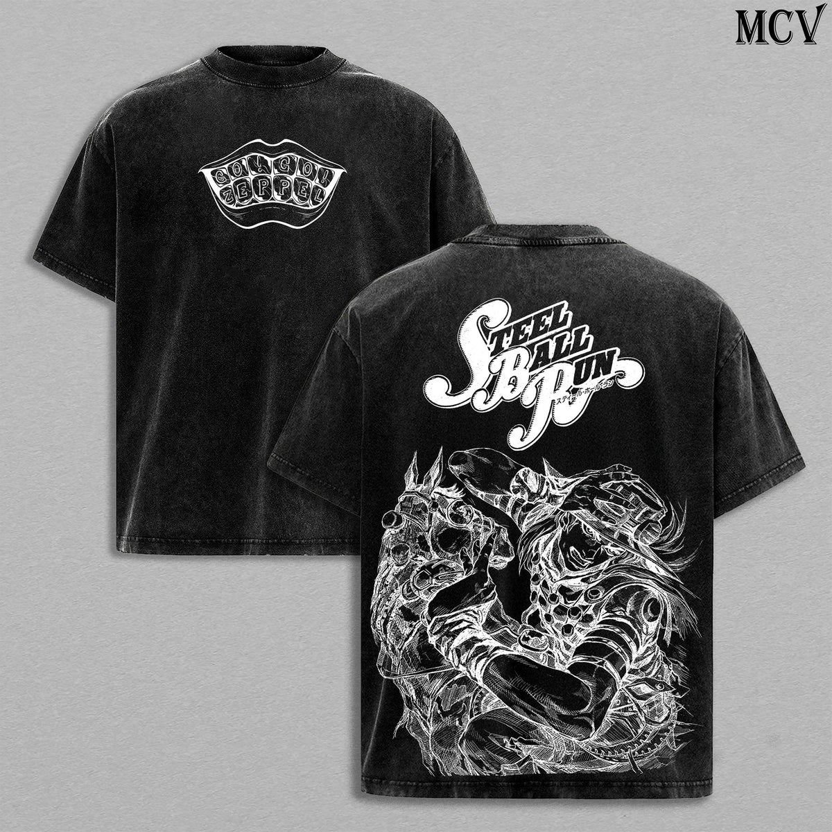 Gyro Zeppeli Washed Tee – JoJo’s Bizarre Adventure Steel Ball Run Part 7 Anime 2026 Golden Spin Western Race Manga Graphic Double Printed T-Shirt, Menswear Heavy Cotton Unisex Oversize Streetwear Vintage