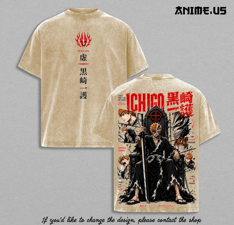 Ichigo Kurosaki Bleach T-Shirt, Hollow Form Getsuga Tensho Anime Graphic Tee, Vintage Washed Heavyweight Shirt, Anime Streetwear