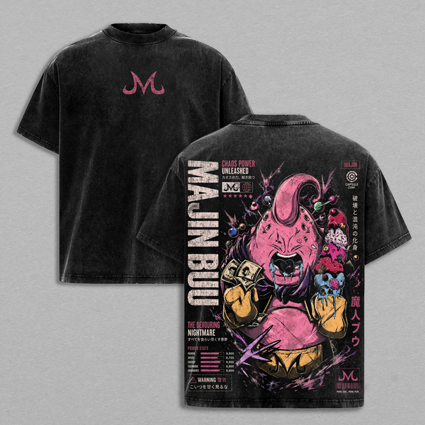 Majin Buu DBZ Vintage Washed T-Shirt Majin Villain Anime Graphic Tee Chaos Power Streetwear Oversized Shirt Gift for DBZ Fans