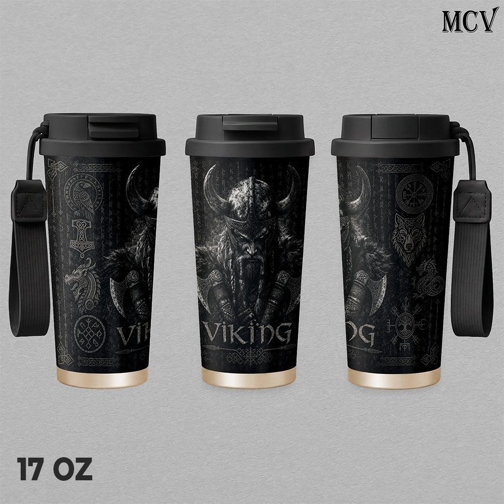 Viking Tumbler 17oz 24oz 30oz, Premium Insulated Stainless Steel Travel Mug with Lid and Carry Strap, Nordic Viking Warrior Graphic Design, Reusable Coffee Water Cup Gift for Men and Women