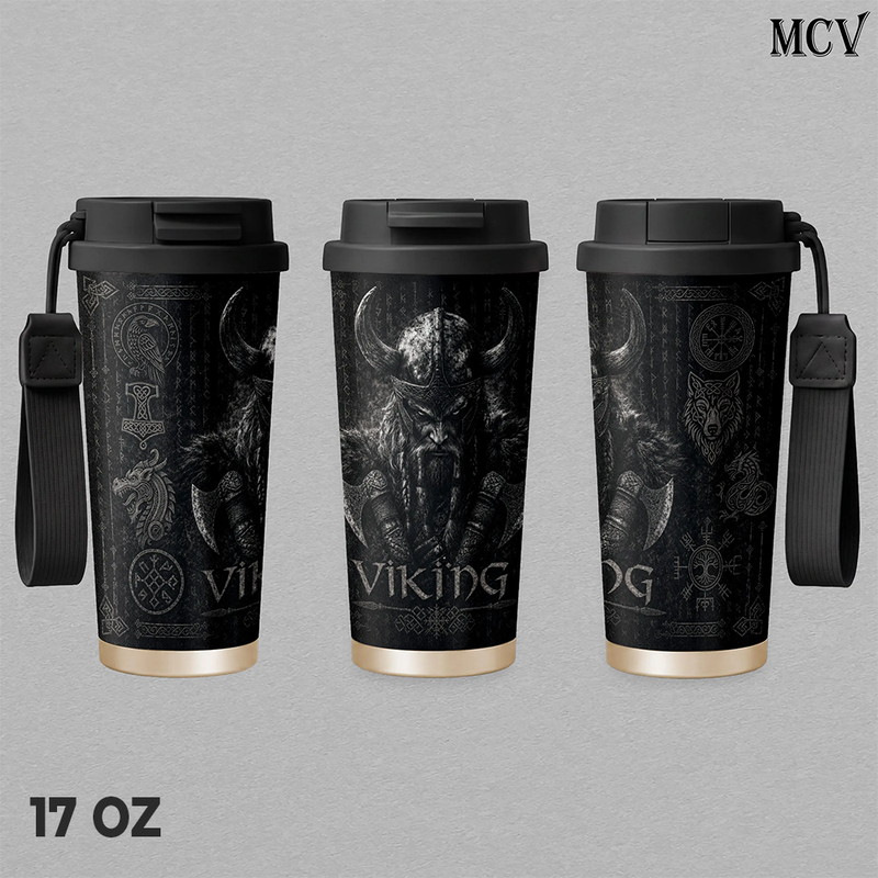 Viking Tumbler 17oz 24oz 30oz, Premium Insulated Stainless Steel Travel Mug with Lid and Carry Strap, Nordic Viking Warrior Graphic Design, Reusable Coffee Water Cup Gift for Men and Women