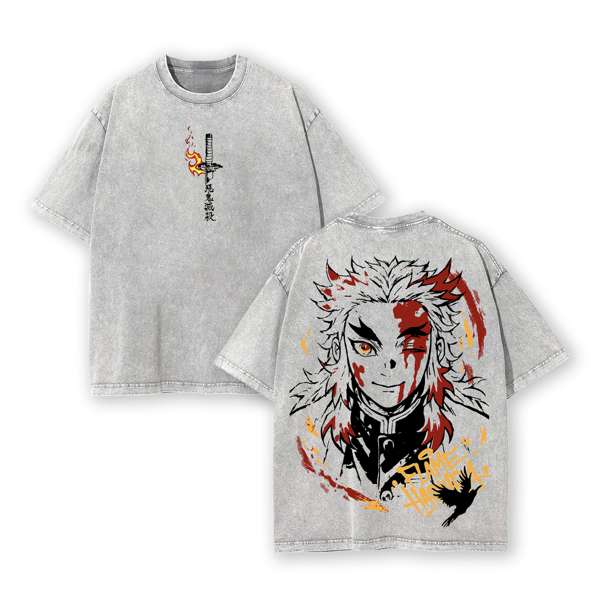 Demon Slayer Rengoku T-Shirt | Flame Hashira Oversized Vintage Graphic Tee | Washed Anime Streetwear Top | Kimetsu no Yaiba Manga Shirt | Gift for Anime Fans