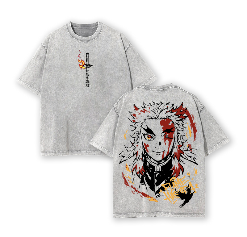 Demon Slayer Rengoku T-Shirt | Flame Hashira Oversized Vintage Graphic Tee | Washed Anime Streetwear Top | Kimetsu no Yaiba Manga Shirt | Gift for Anime Fans