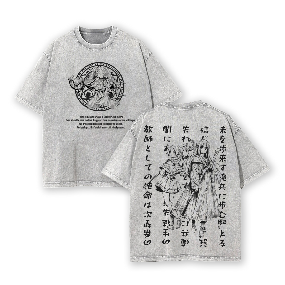 Sousou no Frieren. Frieren & Fern Anime Double Printed Vintage Washed Tee Unisex Oversize Anime Manga Washed Heavyweight Cotton T-shirt