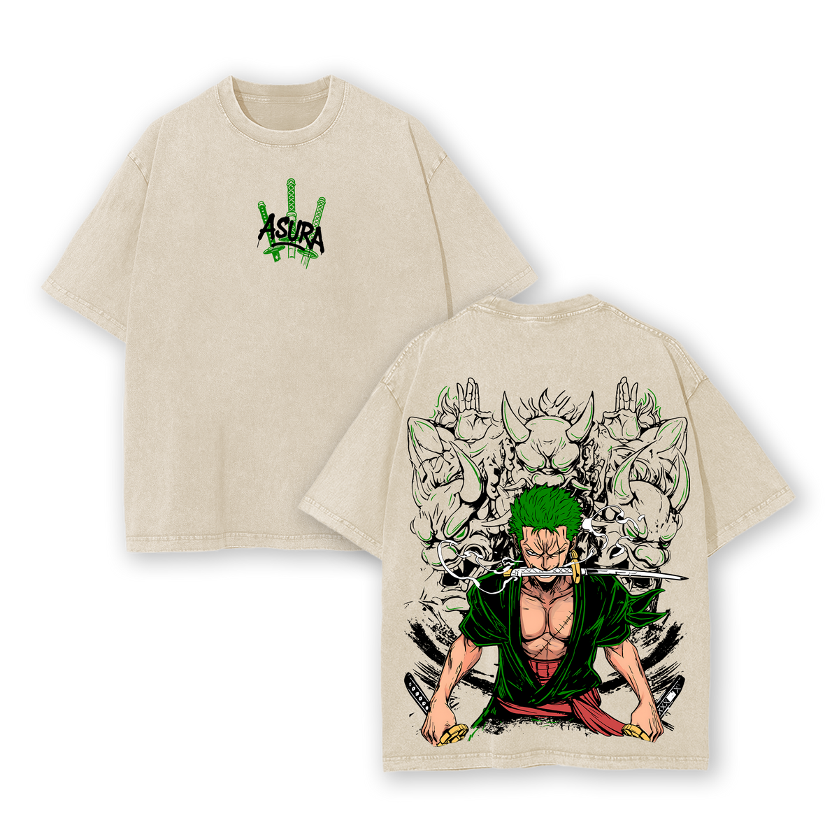 Asura Zoro Washed Vintage T-Shirt | Inspired by the Legendary Three-Sword Style Warrior | Demon God Power Graphic Tee | Anime Streetwear for One Piece Fans
