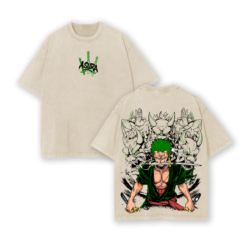 Asura Zoro Washed Vintage T-Shirt | Inspired by the Legendary Three-Sword Style Warrior | Demon God Power Graphic Tee | Anime Streetwear for One Piece Fans