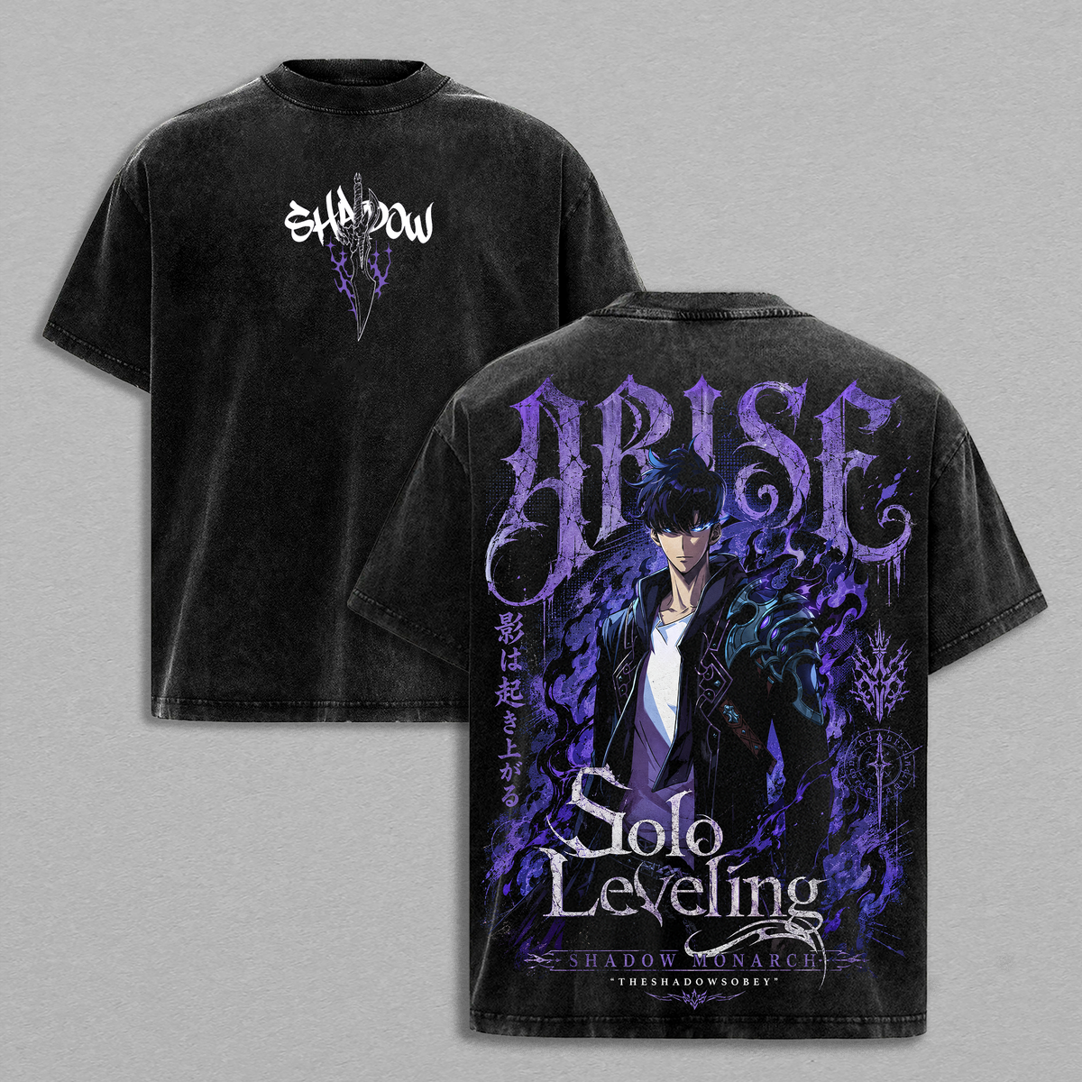 Solo Leveling Sung Jin-Woo Shadow Monarch Arise Vintage Washed Oversized Anime Graphic T-Shirt, Unisex Streetwear Tee