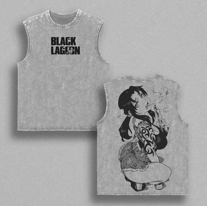 Revy Black Lagoon Anime Double Printed Vintage Washed Tee Unisex Oversize Anime Manga Washed Heavyweight Cotton T-shirt