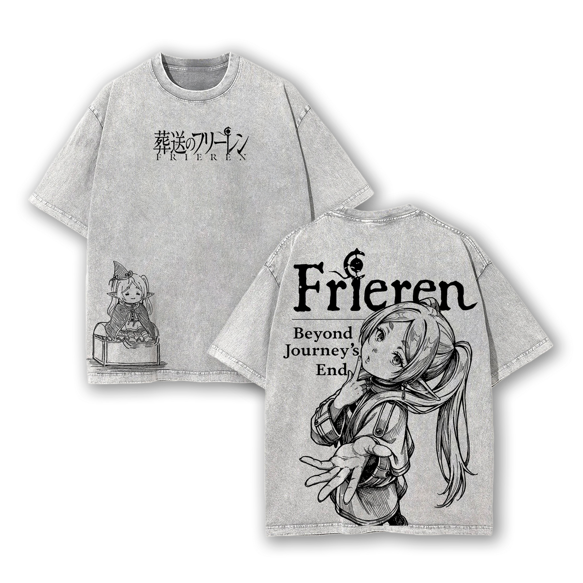 Frieren Beyond Journey’s End Hoodie & Tee Washed, Vintage Washed Heavy Cotton Oversized Anime Manga Hoodie T-Shirt Set, Retro Unisex Streetwear Graphic Top, Fantasy Healing Journey Edition, Japanese Anime Merch