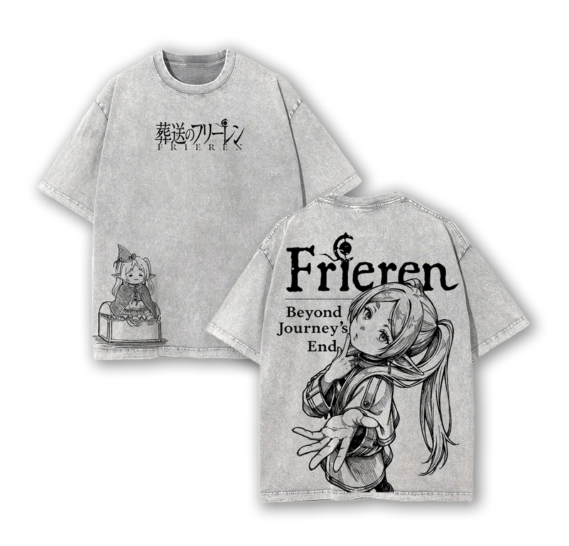 Frieren Beyond Journey’s End Hoodie & Tee Washed, Vintage Washed Heavy Cotton Oversized Anime Manga Hoodie T-Shirt Set, Retro Unisex Streetwear Graphic Top, Fantasy Healing Journey Edition, Japanese Anime Merch