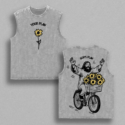 YOUR PLAN GOD’S PLAN Christian T Shirt Washed Sunflower Jesus Illustration Heavy Cotton Streetwear Faith Graphic Unisex Relaxed Fit Inspirational Religious Tee Aesthetic Merry Christmas