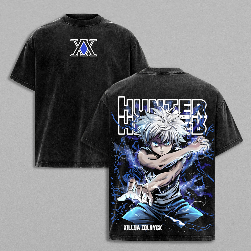 Killua Zoldyck Shirt Hunter x Hunter Anime Lightning Nen Graphic Vintage Washed Oversized T-Shirt Assassin Prodigy Streetwear