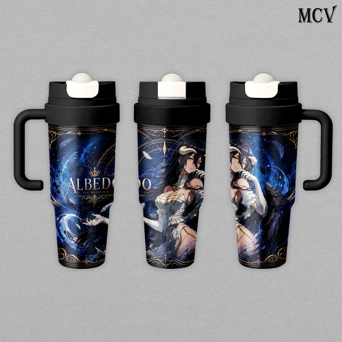 Albedo Floor Guardian Succubus - Overlord Anime - Nazarick Black Wings Blue Fantasy Embossed Raised Art - 17oz 24oz 30oz Insulated Tumbler, Stainless Steel Water Bottle, Straw Cup, Handle Travel Mug
