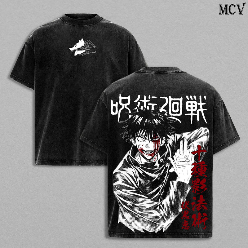 Megumi Fushiguro Washed Tee / Hoodie – Jujutsu Kaisen Culling Game Arc Anime Ten Shadows Technique Divine Dogs Shikigami Manga Graphic Double Printed T-Shirt, Menswear Heavy Cotton Unisex Oversize Streetwear Vintage