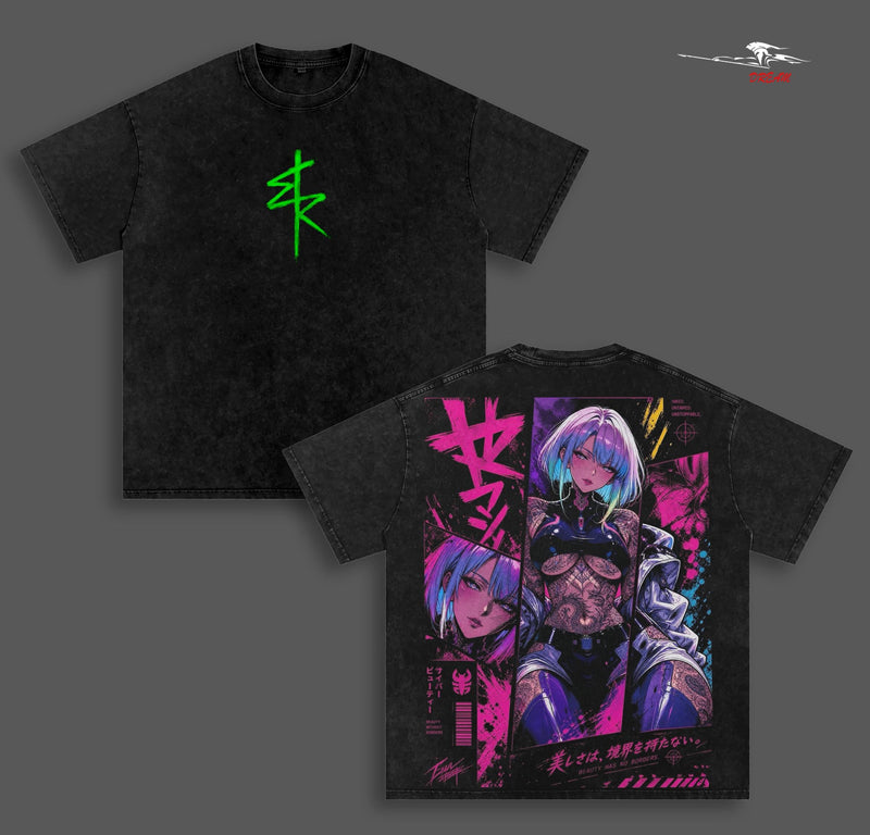 Lucy Cyberpunk Edgerunners Anime Double Printed Vintage Washed Tee Unisex Oversize Heavyweight Cotton T-shirt