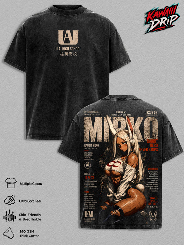Mirko Rumi Usagiyama Vintage Washed Anime T Shirt - Rabbit Hero Graphic Tee Streetwear Shirt Retro Manga Oversized Heavyweight Cotton Unisex T-Shirt MHA Fan Gift for Men Women Apparel