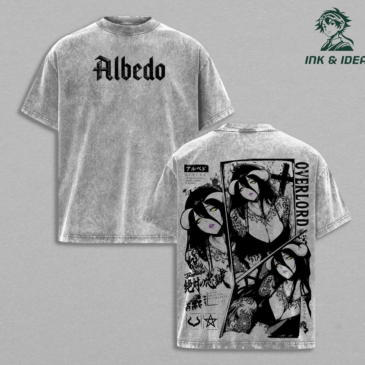 Albedo Overlord Vintage Washed Anime T-Shirt Guardian Overseer Graphic Tee Dark Fantasy Waifu Shirt Heavyweight Cotton Streetwear Unisex Manga Apparel Gift for Overlord Fans