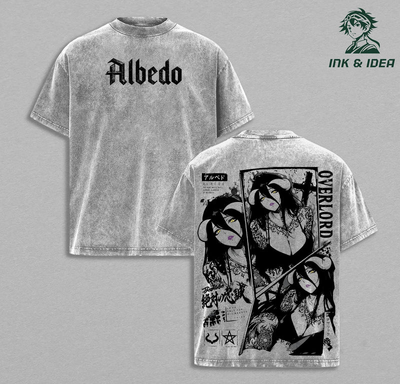 Albedo Overlord Vintage Washed Anime T-Shirt Guardian Overseer Graphic Tee Dark Fantasy Waifu Shirt Heavyweight Cotton Streetwear Unisex Manga Apparel Gift for Overlord Fans