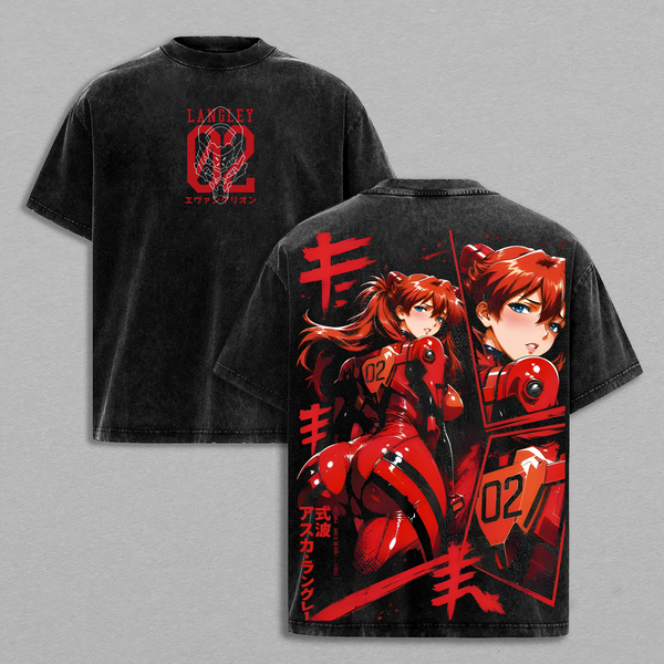 Asuka Langley Neon Genesis Evangelion T-Shirt, EVA Unit-02 Anime Graphic Tee, Vintage Washed Oversized Heavyweight Cotton Streetwear Shirt, Unisex Anime Gift for Evangelion Fans