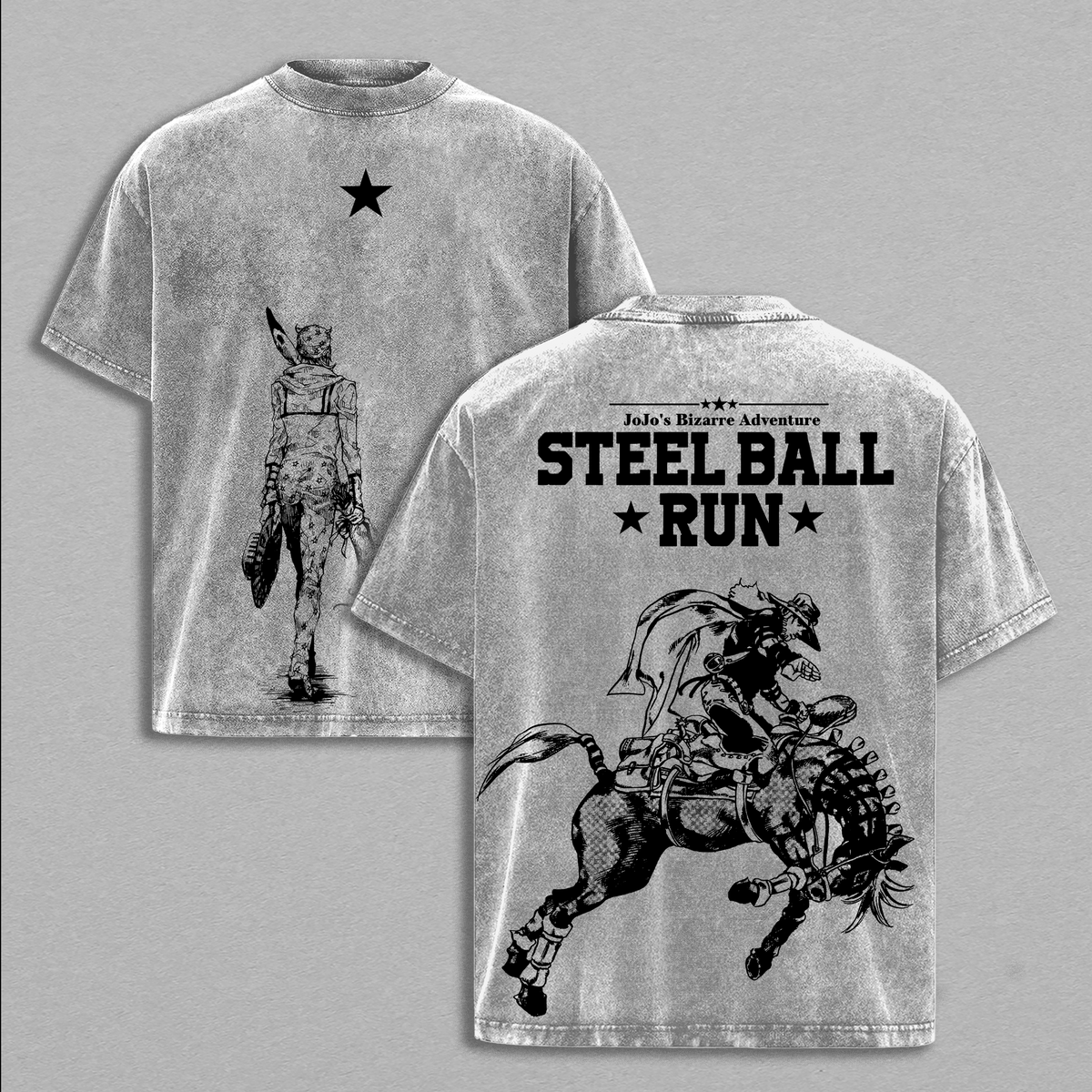 Steel Ball Run Jojo's Bizarre Adventure Anime Double Printed Vintage Washed Tee Unisex Oversize Anime Manga Washed Heavyweight Cotton T-shirt