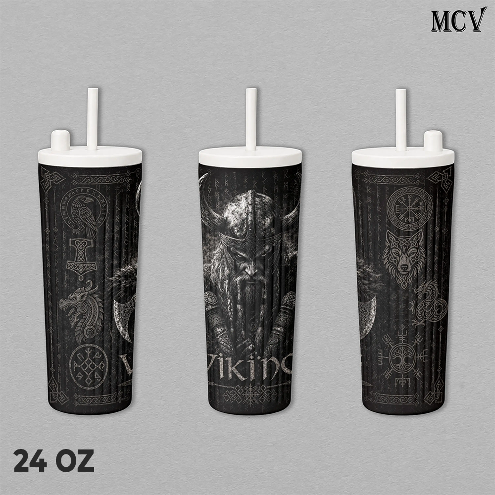 Viking Tumbler 17oz 24oz 30oz, Premium Insulated Stainless Steel Travel Mug with Lid and Carry Strap, Nordic Viking Warrior Graphic Design, Reusable Coffee Water Cup Gift for Men and Women