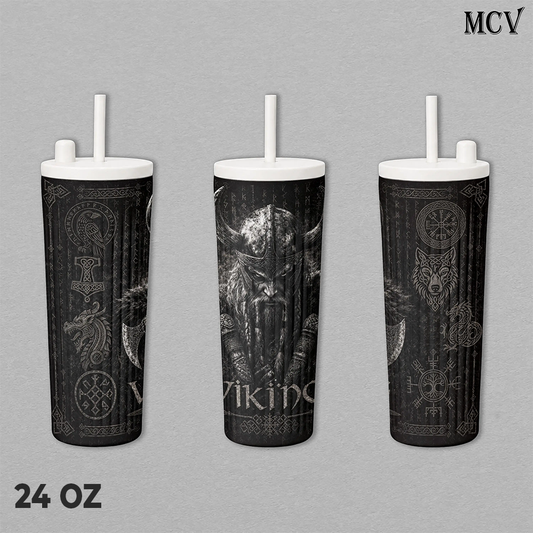 Viking Tumbler 17oz 24oz 30oz, Premium Insulated Stainless Steel Travel Mug with Lid and Carry Strap, Nordic Viking Warrior Graphic Design, Reusable Coffee Water Cup Gift for Men and Women