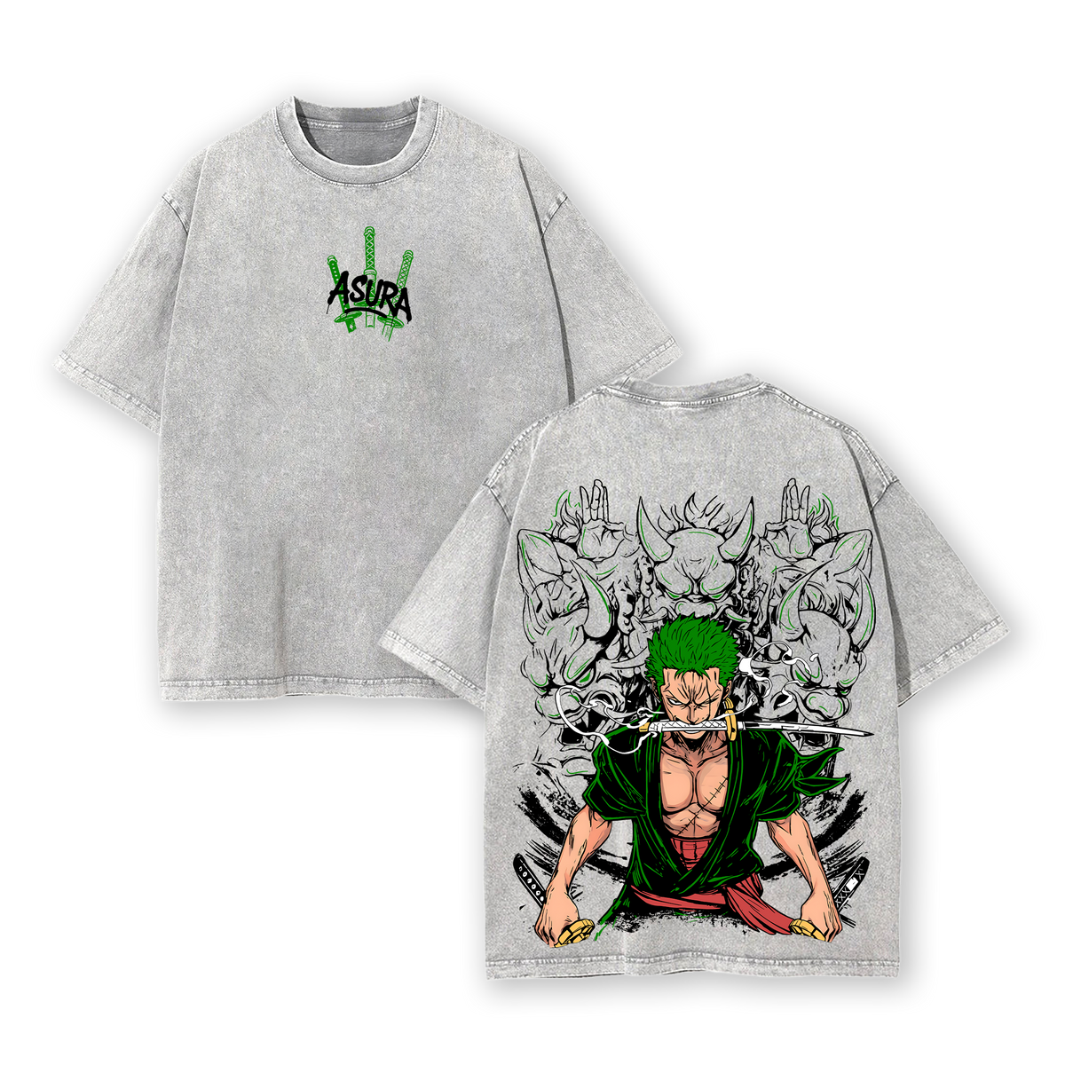 Asura Zoro Washed Vintage T-Shirt | Inspired by the Legendary Three-Sword Style Warrior | Demon God Power Graphic Tee | Anime Streetwear for One Piece Fans