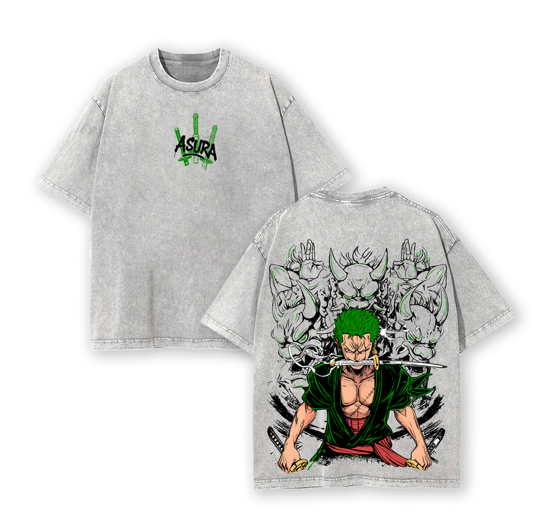 Asura Zoro Washed Vintage T-Shirt | Inspired by the Legendary Three-Sword Style Warrior | Demon God Power Graphic Tee | Anime Streetwear for One Piece Fans