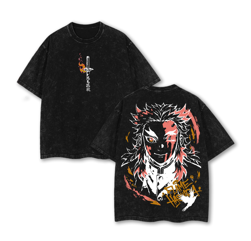 Demon Slayer Rengoku T-Shirt | Flame Hashira Oversized Vintage Graphic Tee | Washed Anime Streetwear Top | Kimetsu no Yaiba Manga Shirt | Gift for Anime Fans