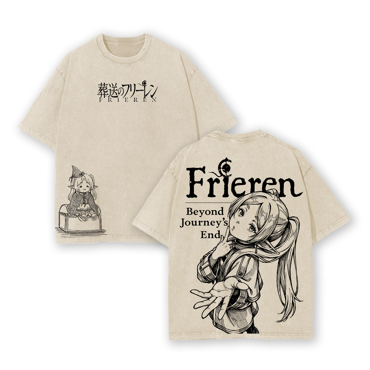 Frieren Beyond Journey’s End Hoodie & Tee Washed, Vintage Washed Heavy Cotton Oversized Anime Manga Hoodie T-Shirt Set, Retro Unisex Streetwear Graphic Top, Fantasy Healing Journey Edition, Japanese Anime Merch