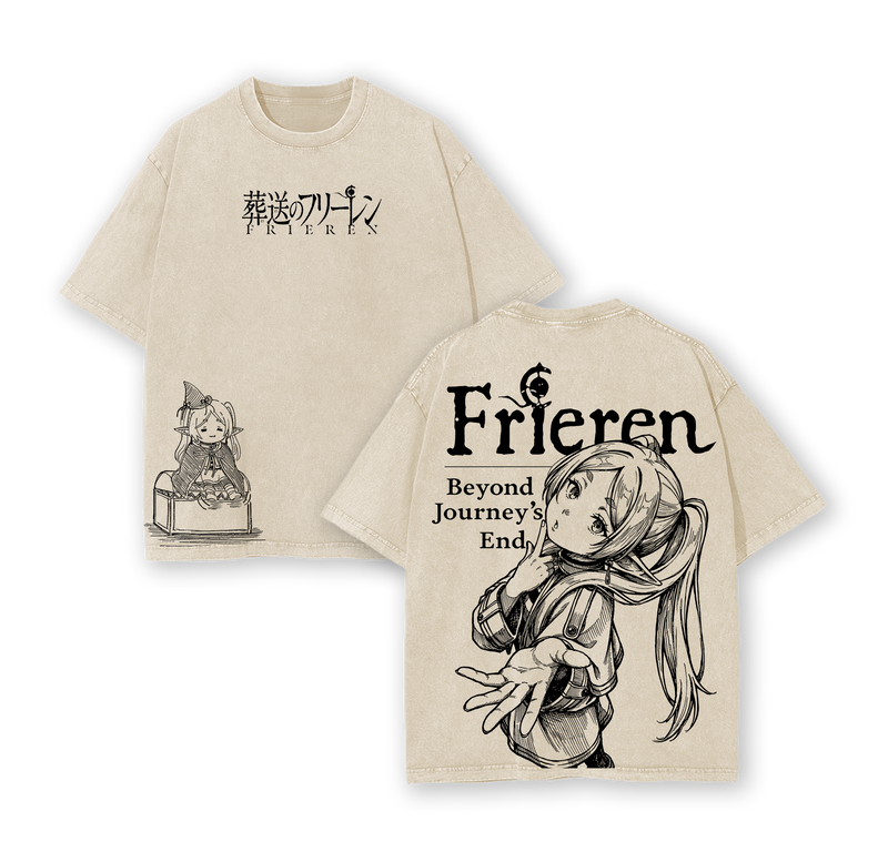 Frieren Beyond Journey’s End Hoodie & Tee Washed, Vintage Washed Heavy Cotton Oversized Anime Manga Hoodie T-Shirt Set, Retro Unisex Streetwear Graphic Top, Fantasy Healing Journey Edition, Japanese Anime Merch