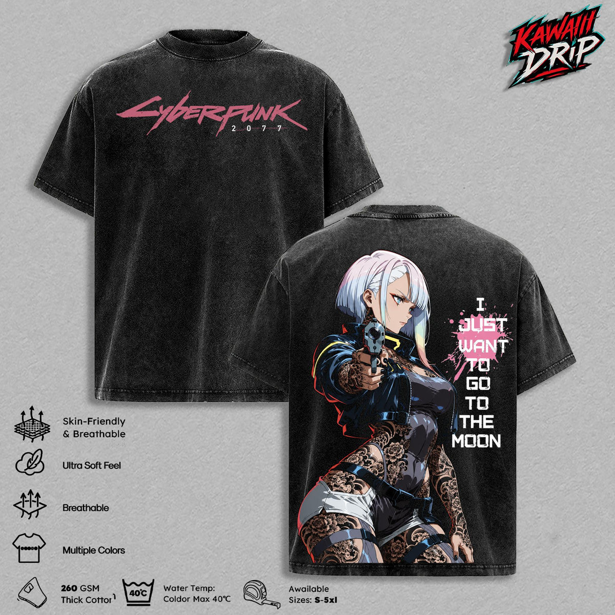 Lucy Cyberpunk Edgerunners Vintage Washed T-Shirt, Cyberpunk 2077 Graphic Tee, I Just Want to Go to the Moon Anime Shirt, Night City Streetwear Oversized Heavy Cotton Unisex Gamer Fan Gift