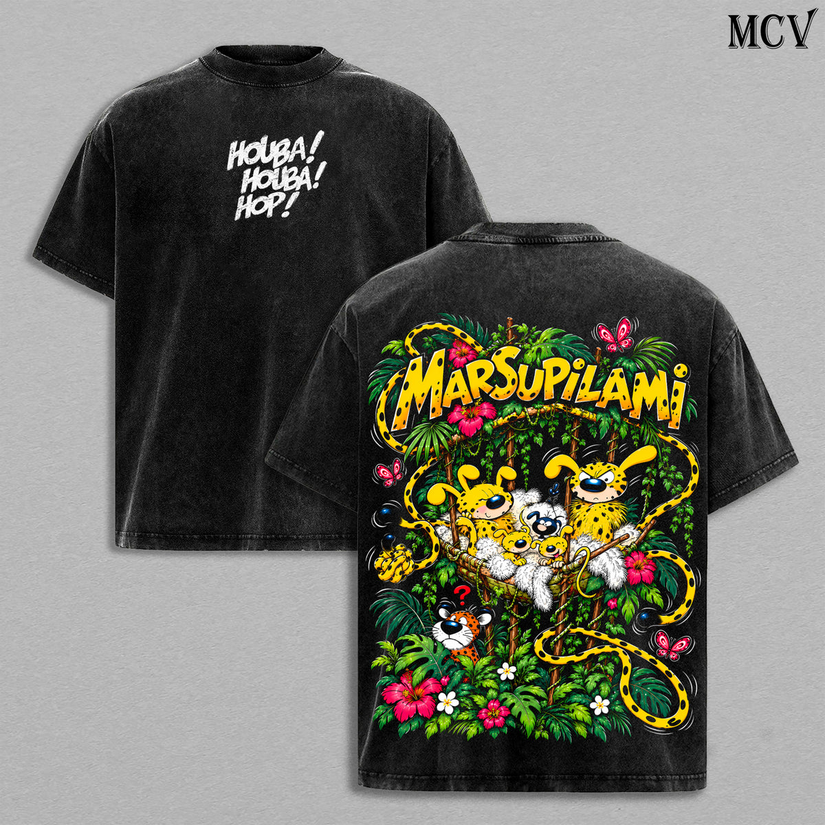 Marsupilami Vintage Washed T-Shirt, Jungle Cartoon Graphic Tee, Oversized Faded Black Retro Streetwear