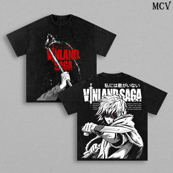 Thorfinn Vinland Saga Vintage Washed Oversized T-Shirt, Double-Sided Anime Graphic Tee, I Have No Enemies Viking Warrior Design, Thorfinn Dagger Manga Artwork, Retro 90s Y2K Streetwear, Unisex Vinland Saga Fan Gift