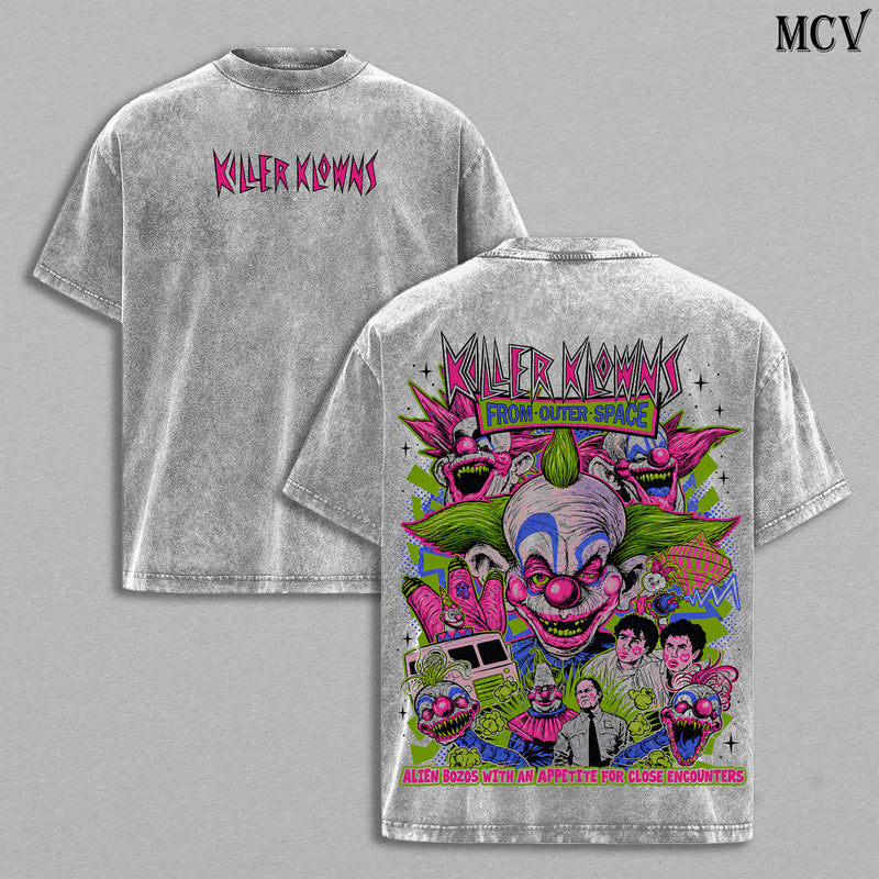 Killer Klowns from Outer Space Vintage Washed T-Shirt, Retro Horror Movie Graphic Tee, Faded Black Streetwear