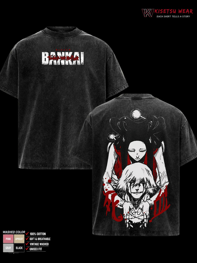 Kisuke Urahara Bankai Bleach TYBW Part 4 Double Sided Graphic Tee, Kannonbiraki Benihime Aratame Oversized Vintage Washed T-Shirt, Soft Cotton Crewneck Casual Unisex Streetwear, Gift for Anime Fans