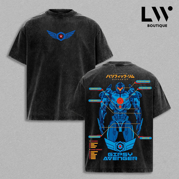 Pacific Rim Jaeger vs Kaiju Graphic Tee | Giant Robot Battle T-Shirt | Vintage Washed Boxy Oversized Fit | Heavyweight Cotton | Sci-Fi Action Movie Streetwear | Unisex