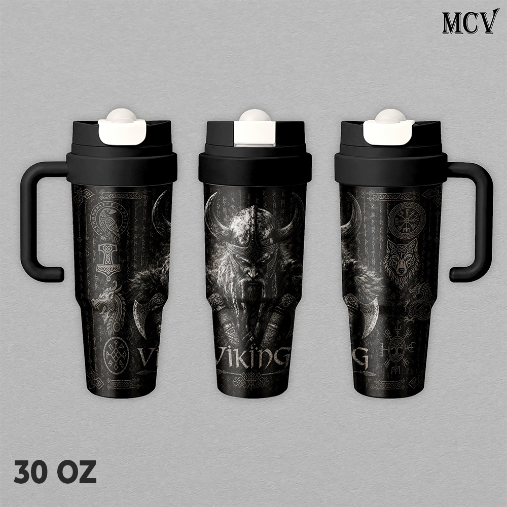 Viking Tumbler 17oz 24oz 30oz, Premium Insulated Stainless Steel Travel Mug with Lid and Carry Strap, Nordic Viking Warrior Graphic Design, Reusable Coffee Water Cup Gift for Men and Women