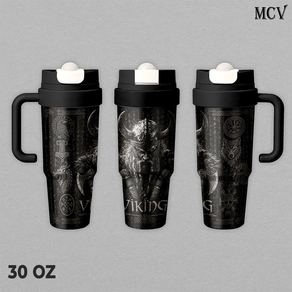 Viking Tumbler 17oz 24oz 30oz, Premium Insulated Stainless Steel Travel Mug with Lid and Carry Strap, Nordic Viking Warrior Graphic Design, Reusable Coffee Water Cup Gift for Men and Women