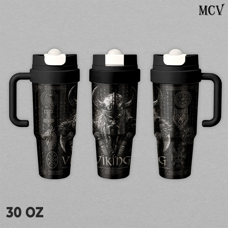 Viking Tumbler 17oz 24oz 30oz, Premium Insulated Stainless Steel Travel Mug with Lid and Carry Strap, Nordic Viking Warrior Graphic Design, Reusable Coffee Water Cup Gift for Men and Women