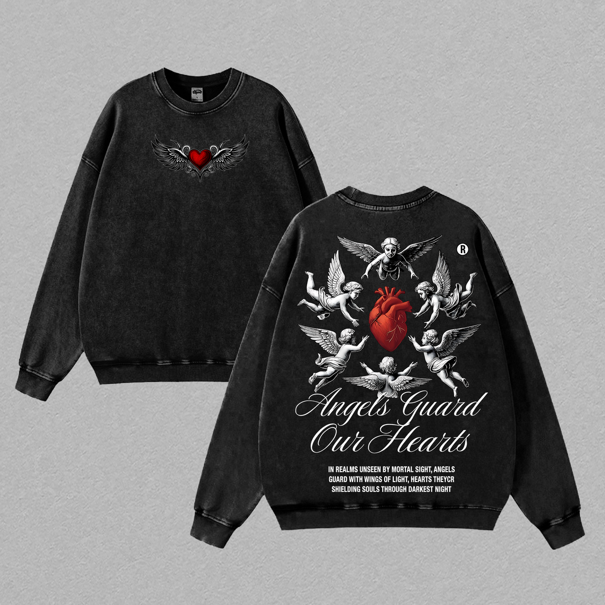 Angels Guard Our Hearts Tee | Vintage Washed Christian Oversized Shirt | Red Heart & Cphic | Faith Protection Streetwear | Divine Love Glory ThreadsJesus Apparel Christian Bible Verseherub Angel Gra