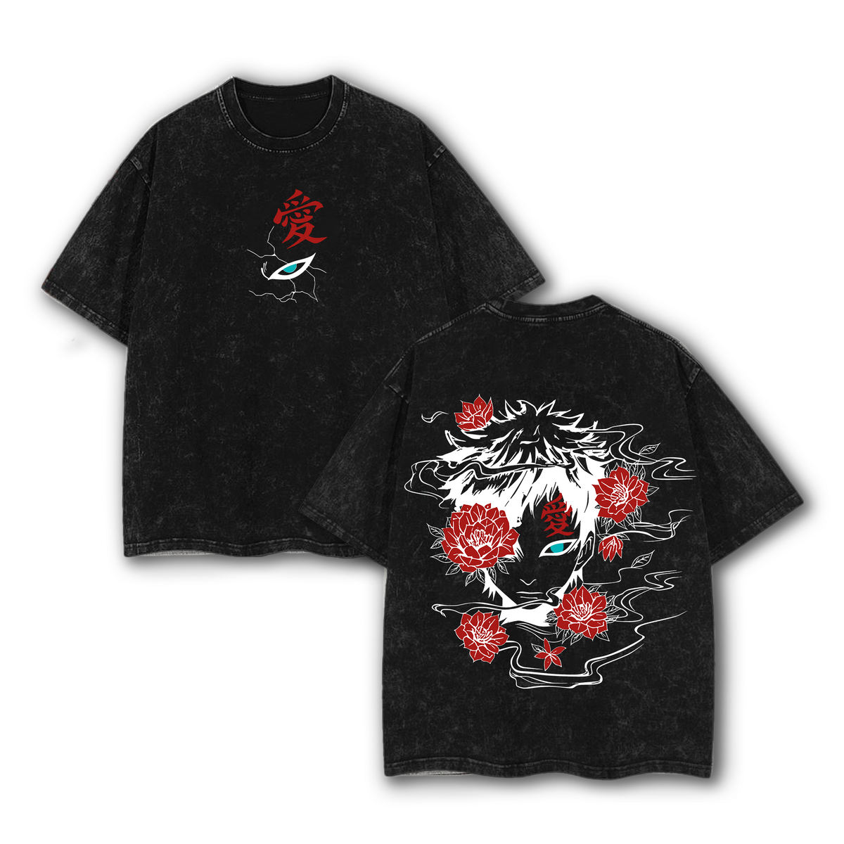 Gaara Red Flower Vintage Washed Tee – Naruto Unisex Oversize Anime Shirt