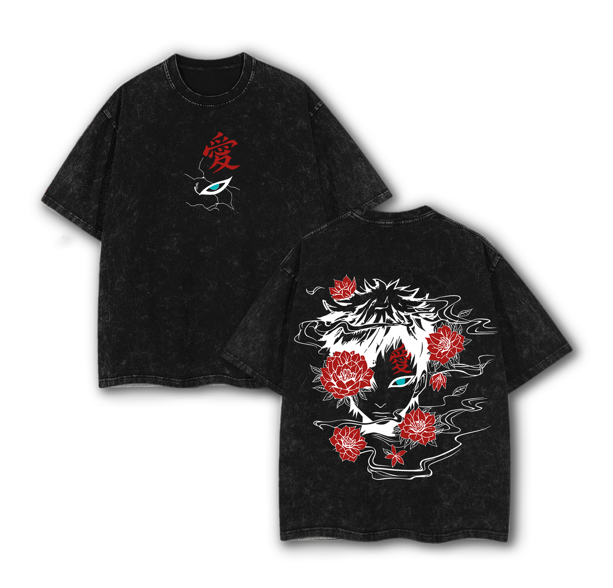 Gaara Red Flower Vintage Washed Tee – Naruto Unisex Oversize Anime Shirt
