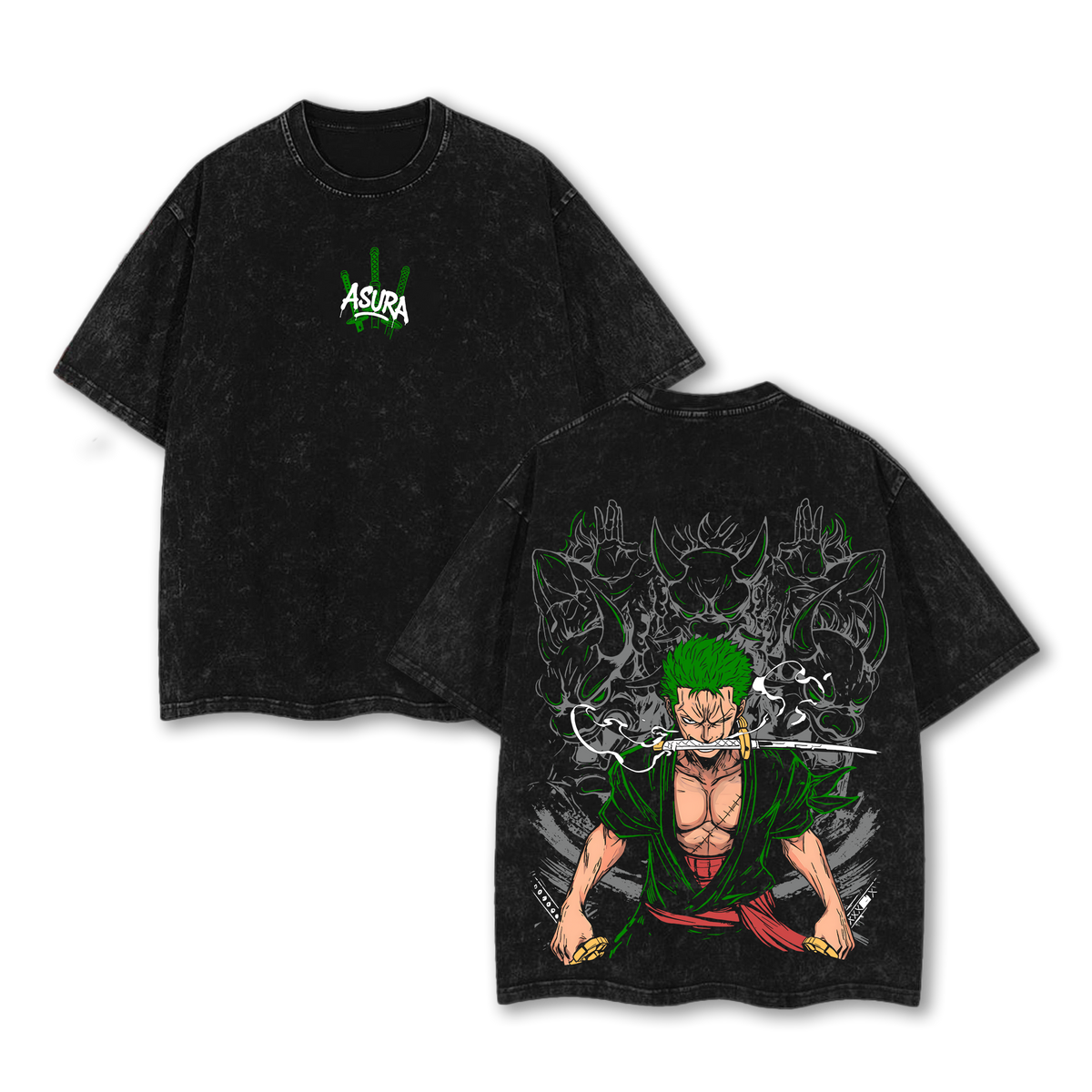 Asura Zoro Washed Vintage T-Shirt | Inspired by the Legendary Three-Sword Style Warrior | Demon God Power Graphic Tee | Anime Streetwear for One Piece Fans