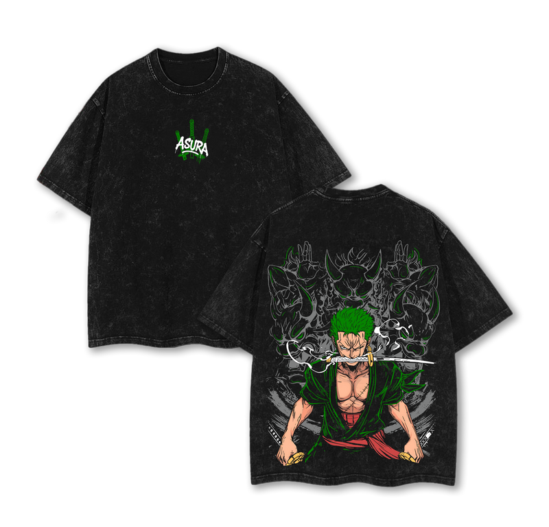 Asura Zoro Washed Vintage T-Shirt | Inspired by the Legendary Three-Sword Style Warrior | Demon God Power Graphic Tee | Anime Streetwear for One Piece Fans